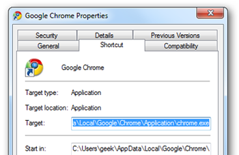 chrome shortcut target